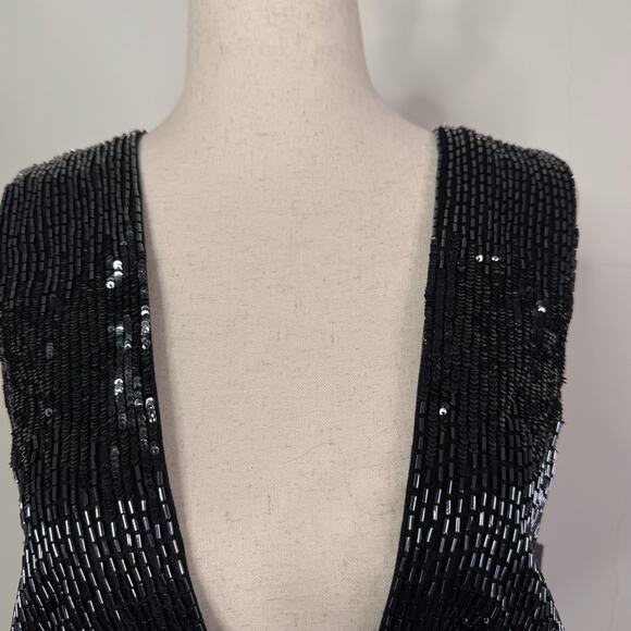 Burnett New York Sequin Beaded Deep V Gown Black Indigo Runway Dress Size 2 NWT - Picture 7 of 14